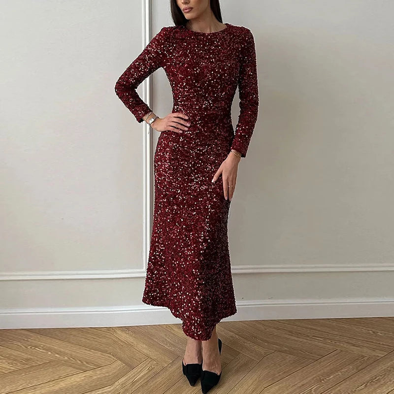 Women Dress Sexy Shiny Glitter Sequin Long Party Dress 2024 Spring Autumn O-neck Long Sleeve Slim Bodycon Maxi Dresses Vestidos