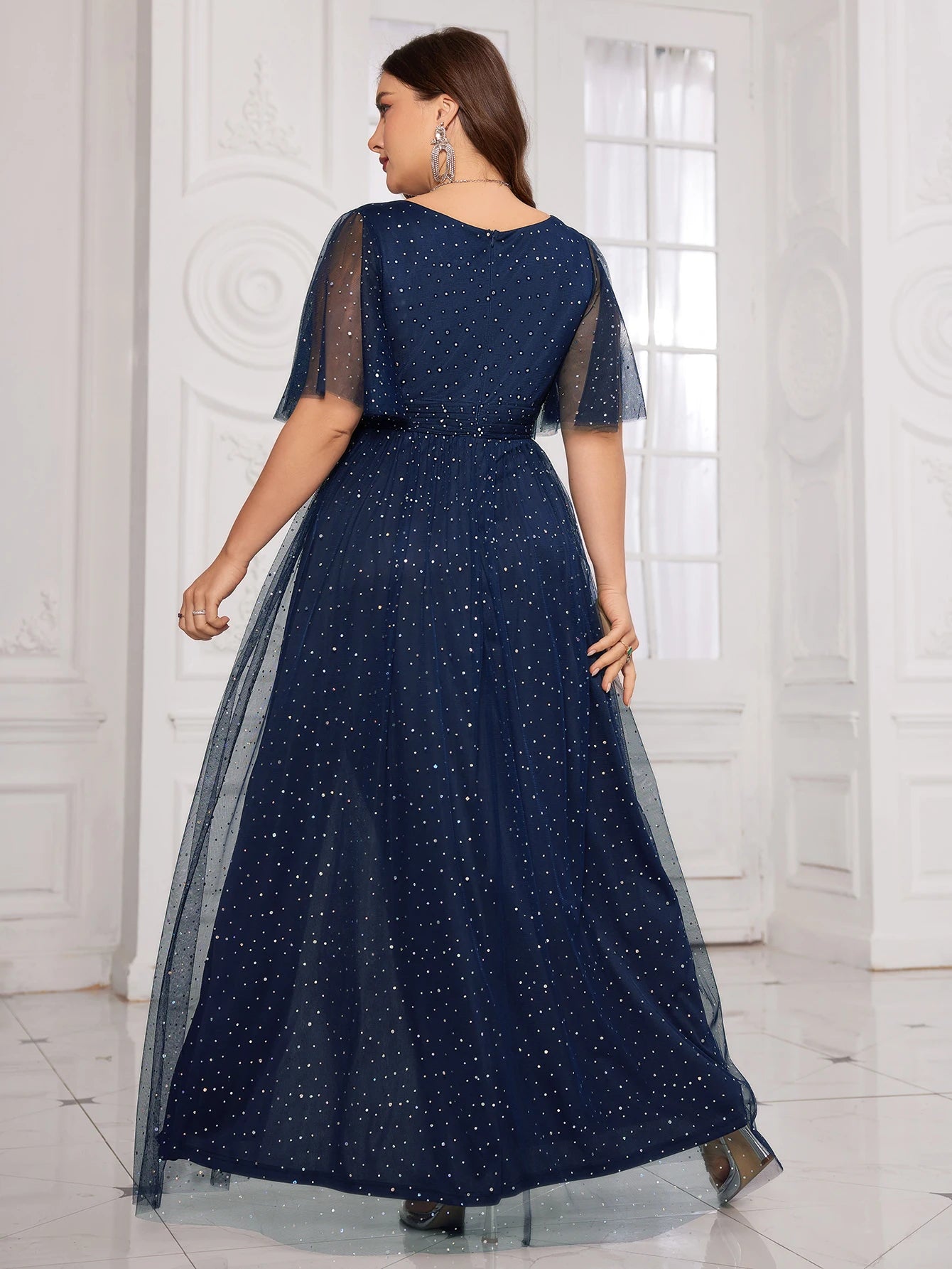 Unithorse Plus Women's Sparkling Polka Dot Tulle Gown – Glitter Mesh V-Neck, Flare Sleeves & Dramatic High Slit