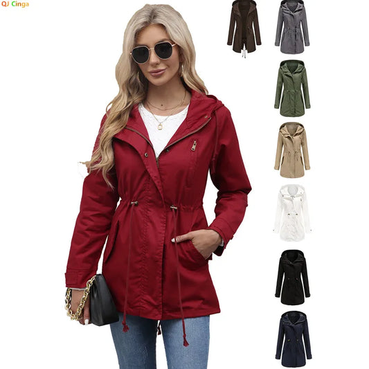 Burgundy Women Hooded Jacket, Green Long Sleeves Windproof Jackets