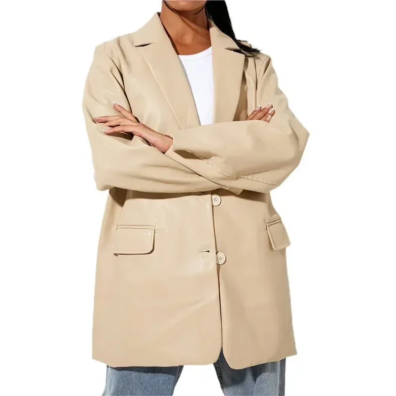Women’s Vintage Faux Leather Blazer – Long Sleeve Streetwear Jacket with Flap Pockets