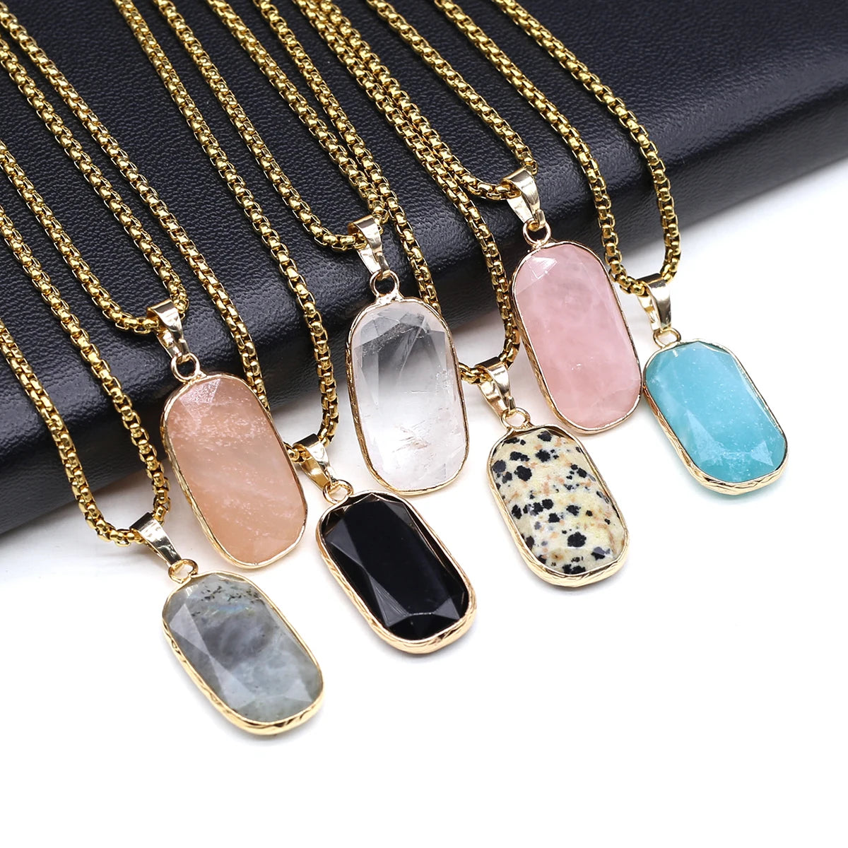 Natural Stone Aquamarine & Obsidian Hexagonal Pendant Necklace – Energy Crystal Jewelry Gift for Men & Women