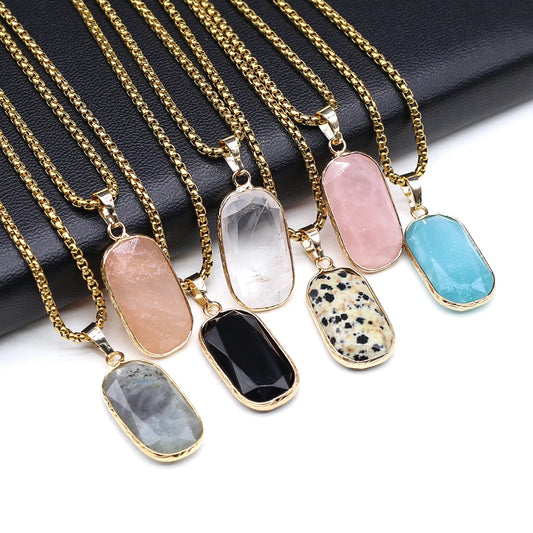 Natural Stone Aquamarine & Obsidian Hexagonal Pendant Necklace – Energy Crystal Jewelry Gift for Men & Women