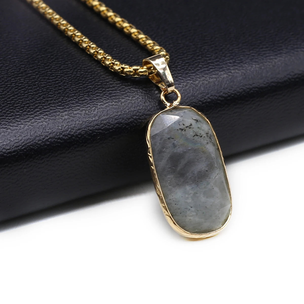 Natural Stone Aquamarine & Obsidian Hexagonal Pendant Necklace – Energy Crystal Jewelry Gift for Men & Women