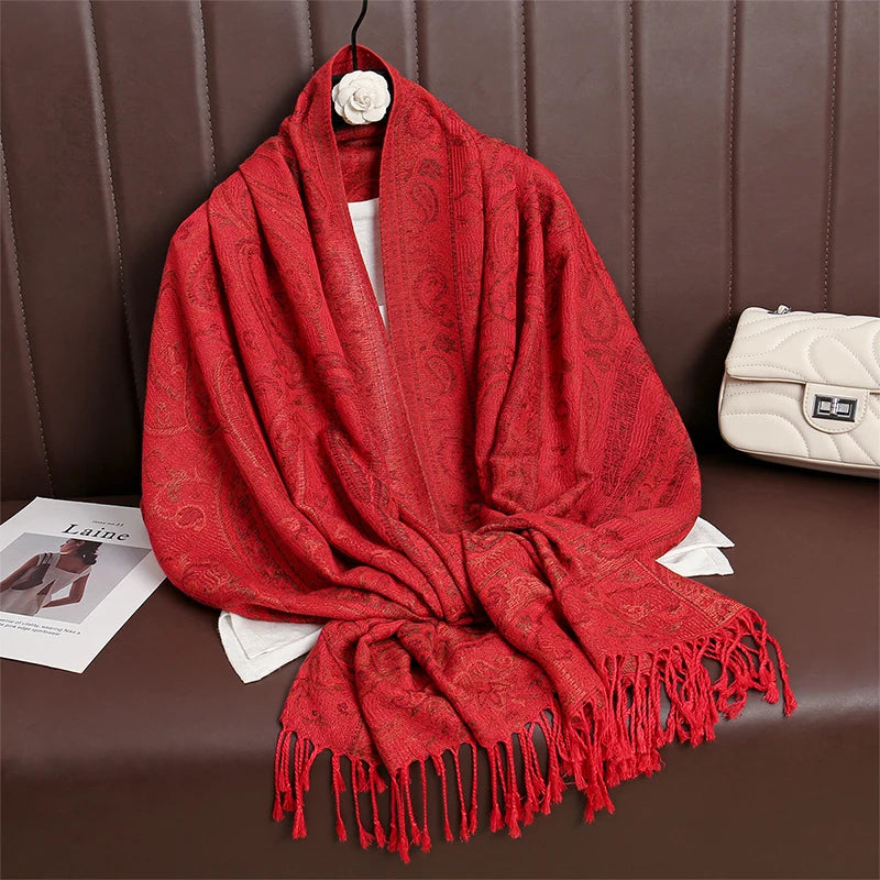 Women’s Paisley Cashmere-Feel Pashmina Shawl – Tassel Hijab Head Wrap & Winter Scarf 2025