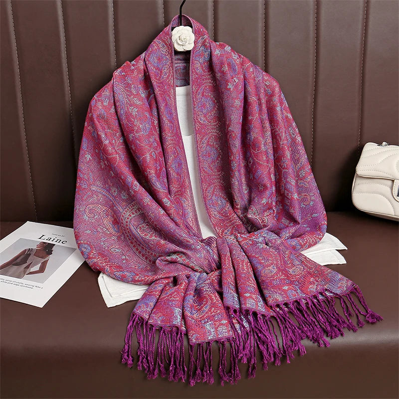 Women’s Paisley Cashmere-Feel Pashmina Shawl – Tassel Hijab Head Wrap & Winter Scarf 2025