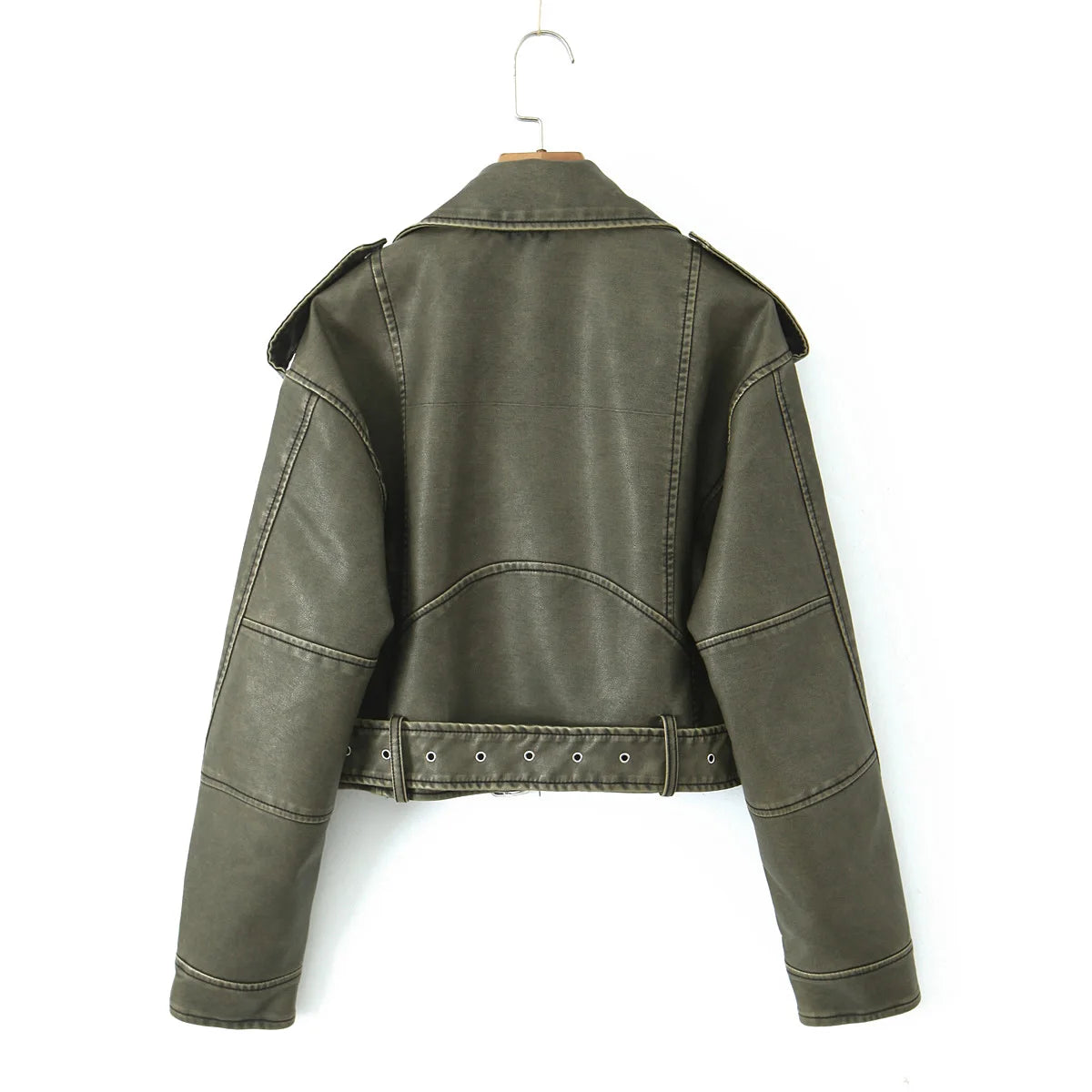 Retro Gray Faux Leather Biker Jacket – High Street Short Belted Coat (Autumn/Winter 2025)