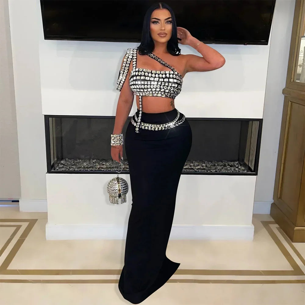Women's Glam Two-Piece Dress Set – Diamond Camisole & Floor-Length Fitted Skirt | High Street Style for Evening & Party Nights