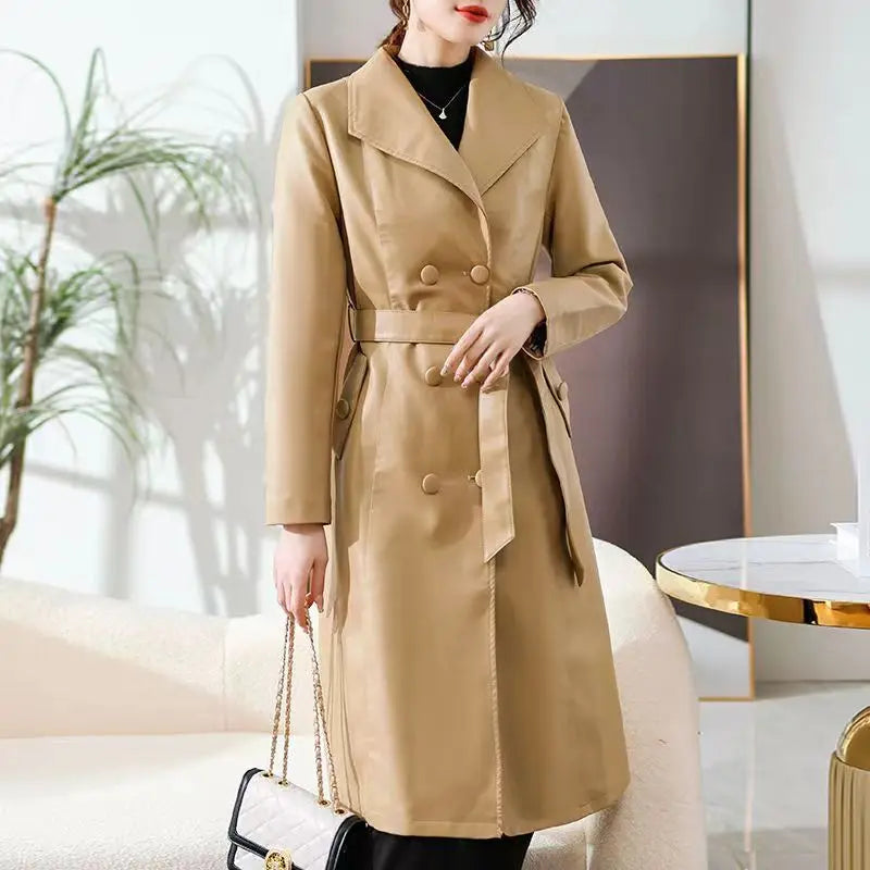 Lautaro Autumn Black Waterproof Pu Leather Trench Coat for Women Long Sleeve Belt Double Breasted Autumn Designer Fashion