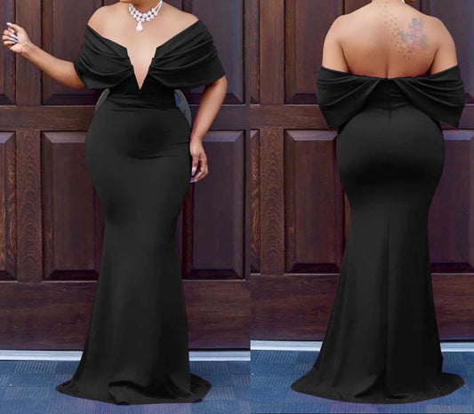 Elegant Off-Shoulder V-Neck Bodycon Maxi Dress