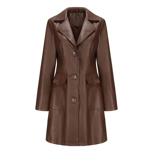 Red Long Waist Lace-up Leather Jacket Women's Long-sleeved Lapel PU Windbreaker Jacket Fashion Female Single-breasted Overcoat