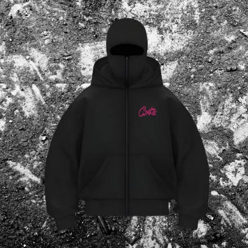 Men’s Balaclava Zip-Up Hoodie with Built-In Face Cover – Winter Warm Oversized Sports Jacket