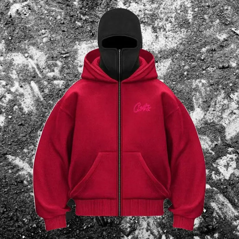Men’s Balaclava Zip-Up Hoodie with Built-In Face Cover – Winter Warm Oversized Sports Jacket