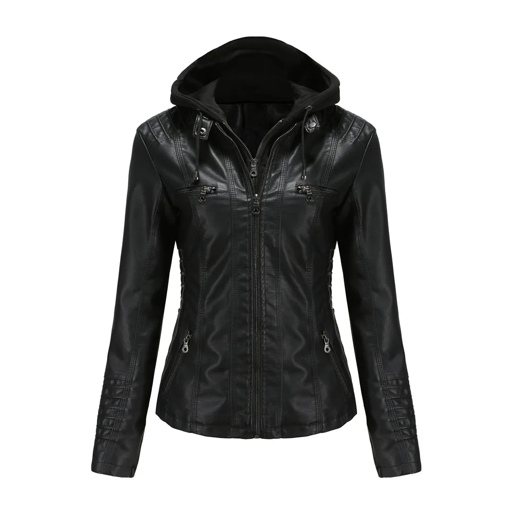Women’s Oversized PU Leather Hoodie – Zipper Motorcycle Jacket for Spring & Autumn
