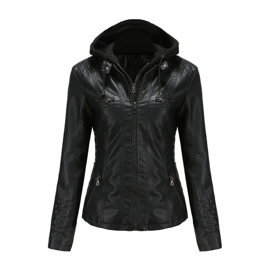 Women’s Oversized PU Leather Hoodie – Zipper Motorcycle Jacket for Spring & Autumn
