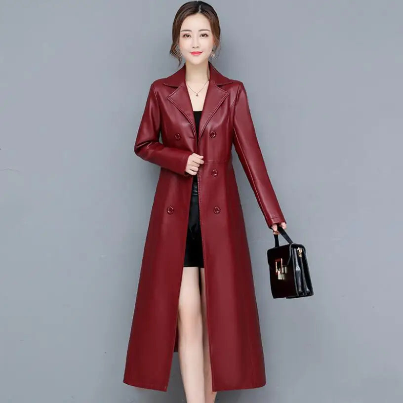 M–6XL Women’s Sheepskin Leather Long Coat – Double-Breasted Spring/Autumn Overcoat