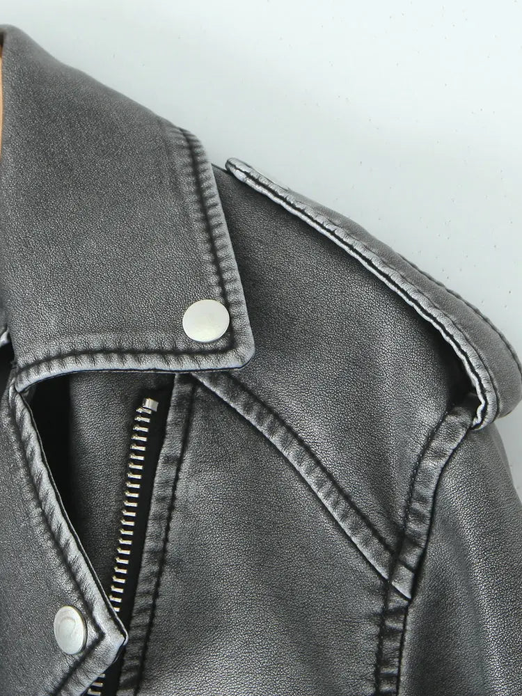 Retro Gray Faux Leather Biker Jacket – High Street Short Belted Coat (Autumn/Winter 2025)