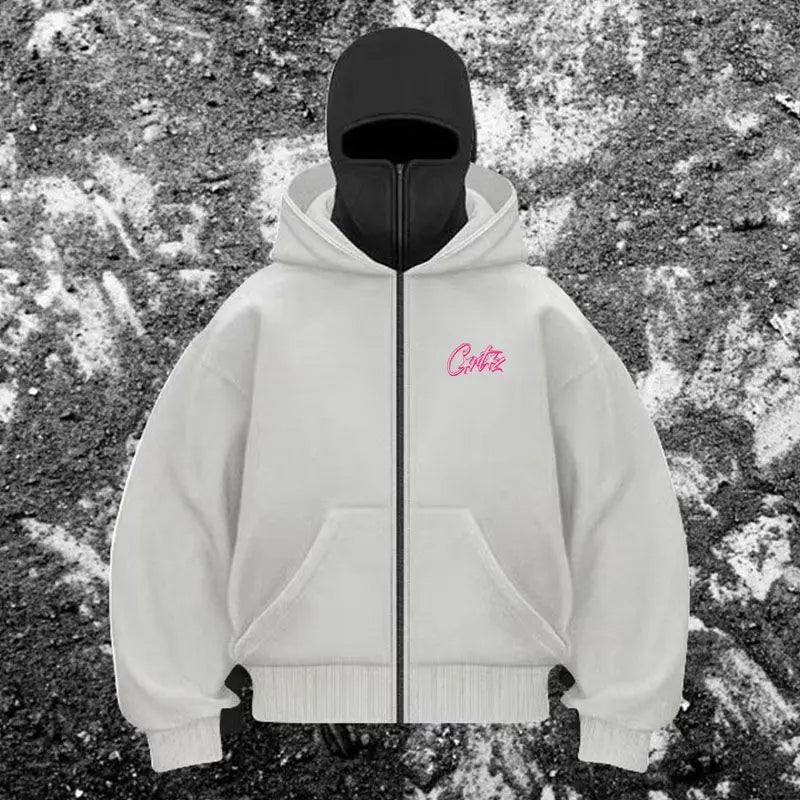 Men’s Balaclava Zip-Up Hoodie with Built-In Face Cover – Winter Warm Oversized Sports Jacket