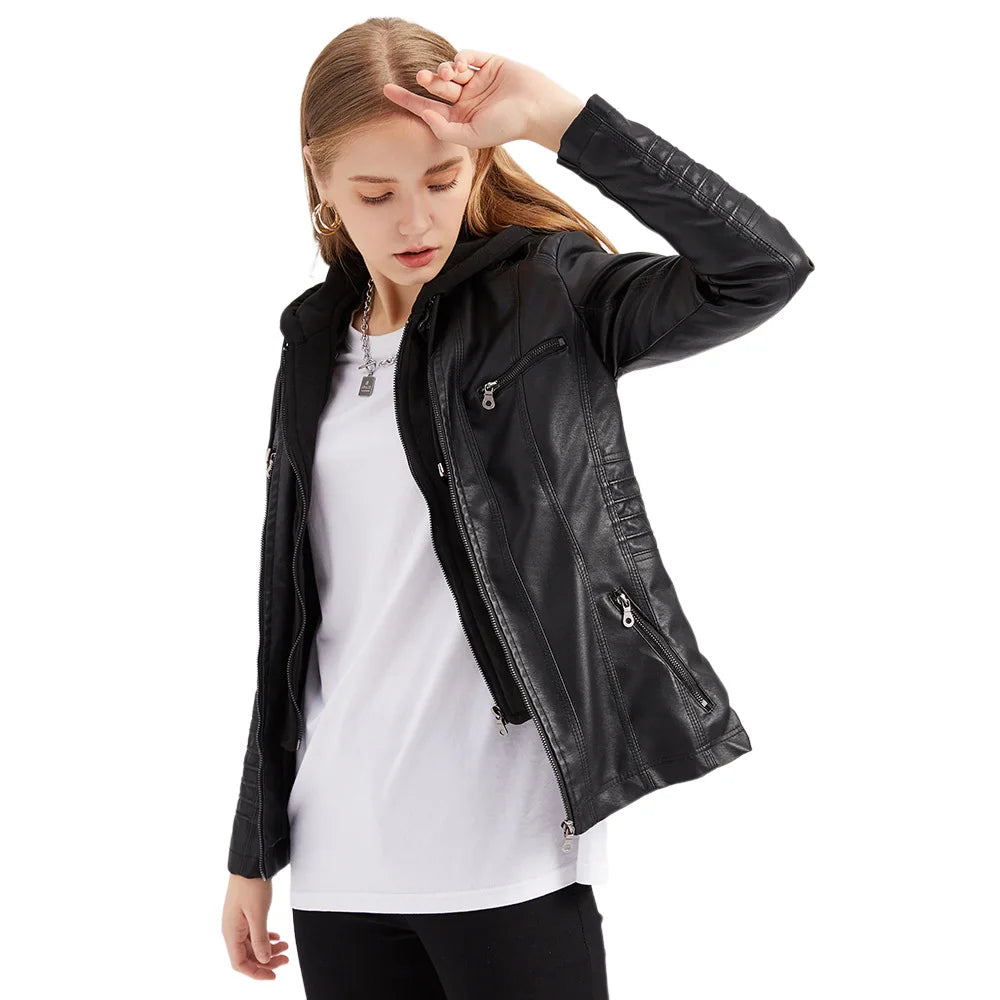 Women’s Oversized PU Leather Hoodie – Zipper Motorcycle Jacket for Spring & Autumn