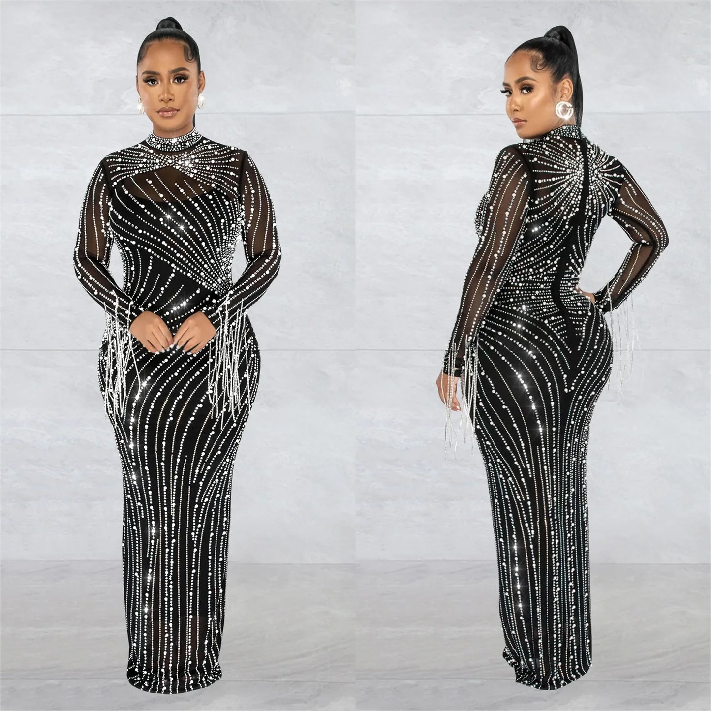 Sparkly Rhinestone Sheer Long Dress