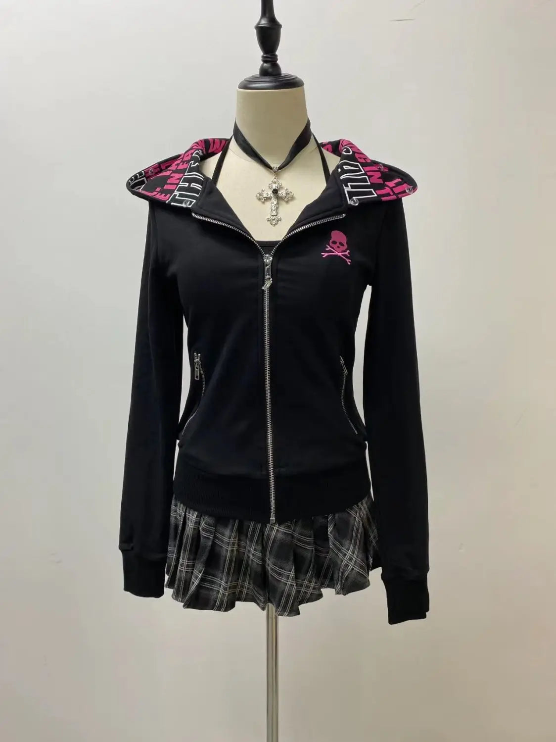 Y2K Gothic Skull Zip-Up Hoodie – Vintage Aesthetic Streetwear for Women