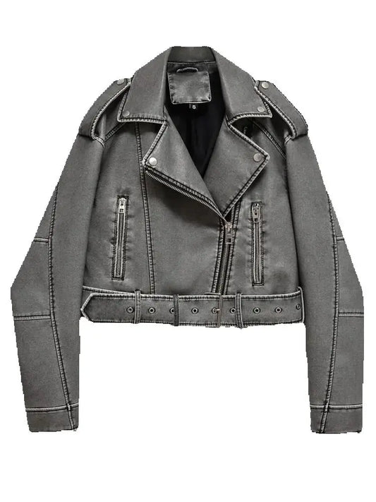 Retro Gray Faux Leather Biker Jacket – High Street Short Belted Coat (Autumn/Winter 2025)