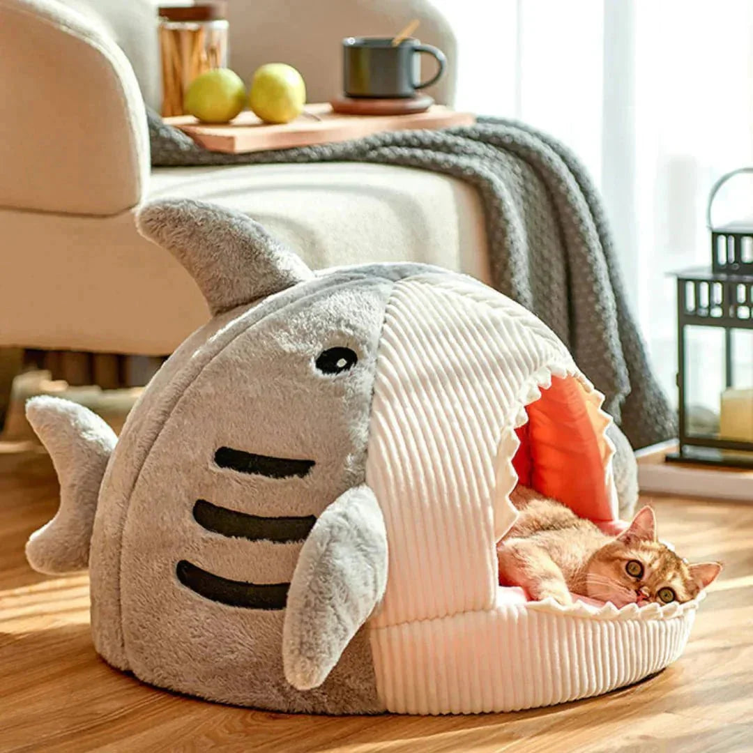 Cat lying inside plush shark mouth pet bed in cozy living room setting
