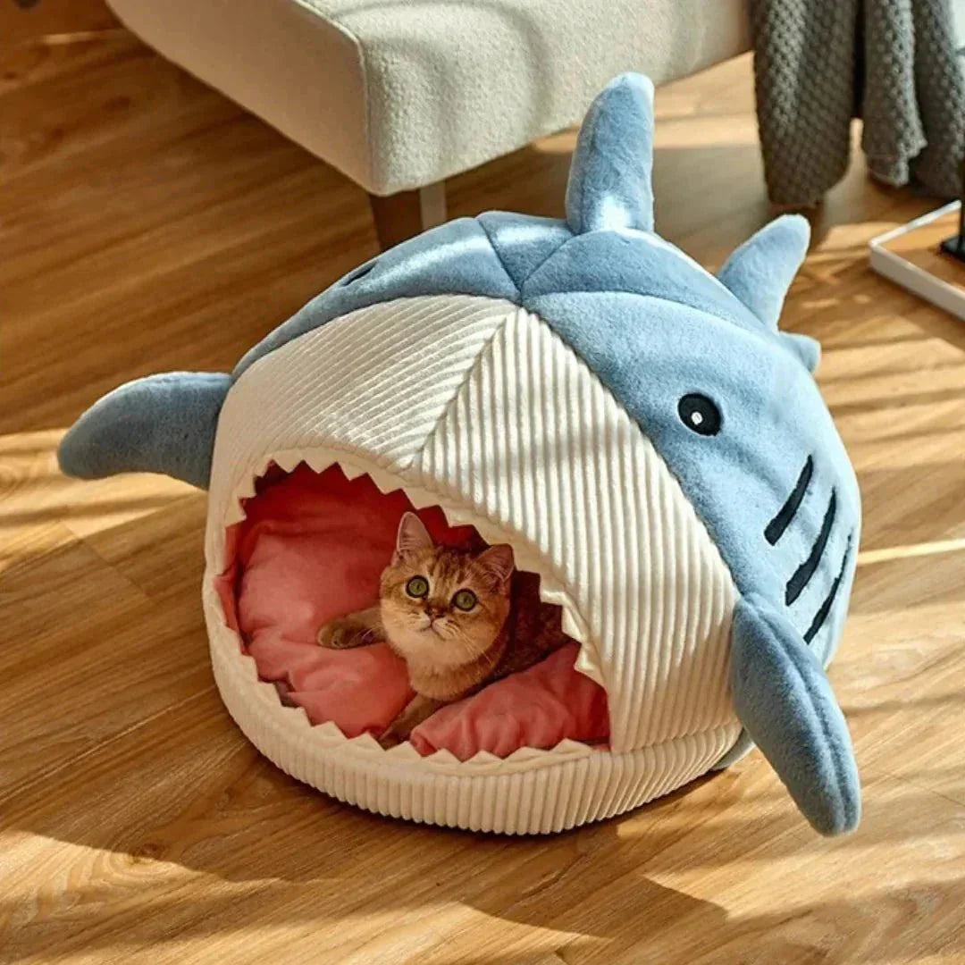 Cat sitting inside a shark-shaped pet bed with pink cushion on wooden floor
