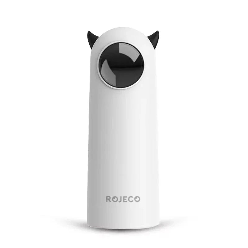 White ROJECO automatic LED laser cat toy with black ears on a plain background