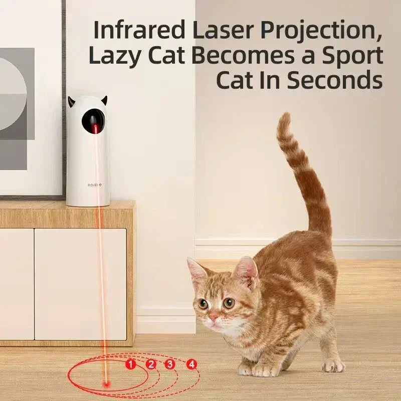 Automatic LED laser cat toy projecting red light, orange tabby cat chasing laser dot indoors