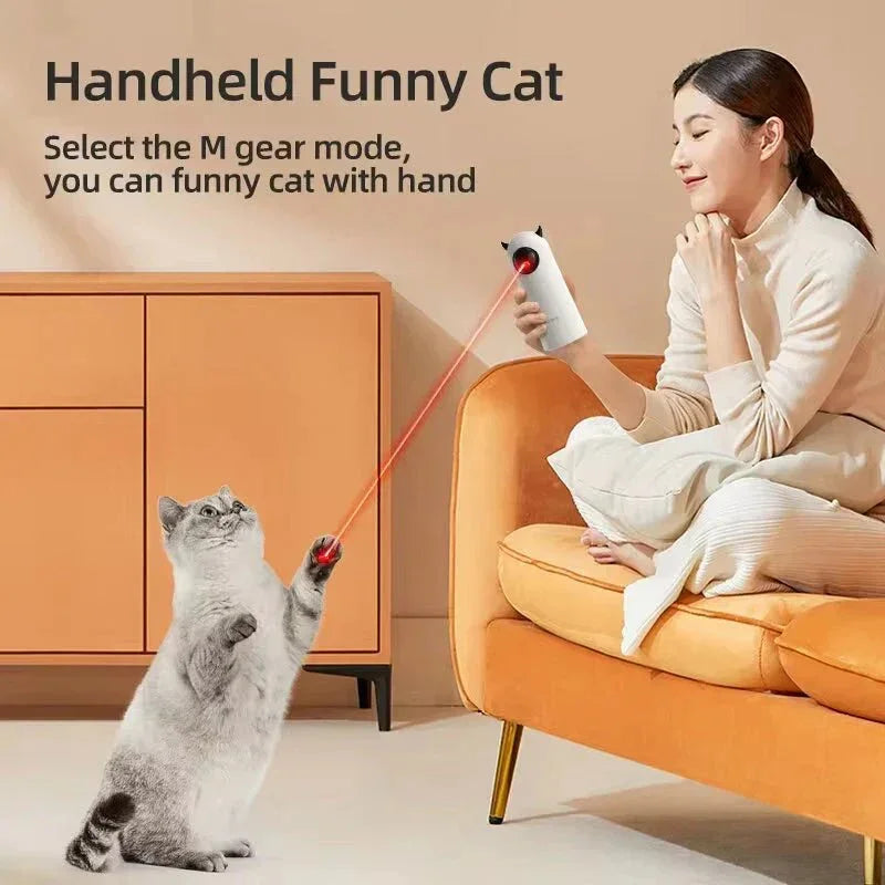 Woman using smart automatic LED laser cat toy to play with gray cat indoors