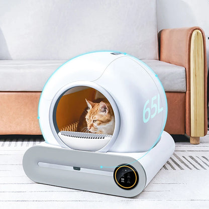 Modern white smart self-cleaning cat litter box with 65L capacity and orange cat inside on living room floor