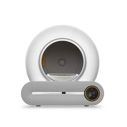 Modern white and gray smart self-cleaning cat litter box with circular entrance and digital control panel