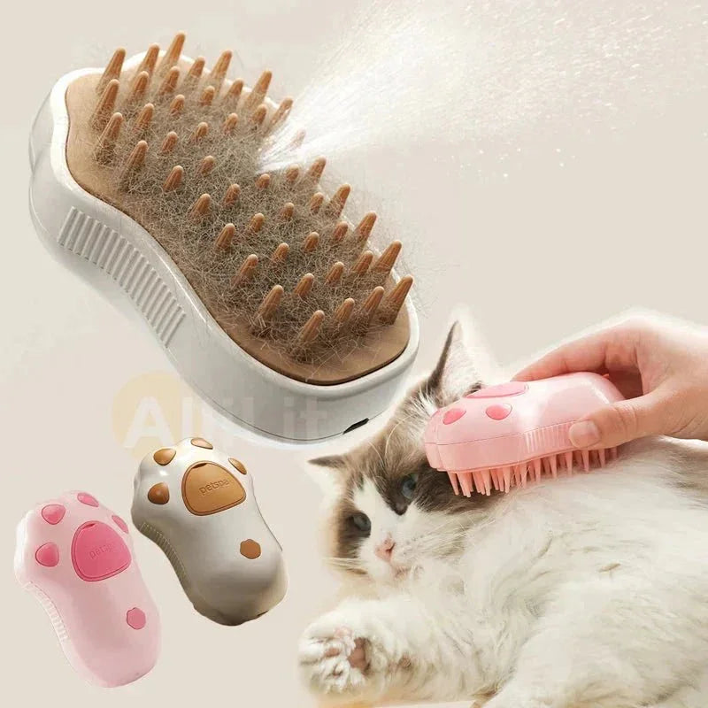 Steam grooming brush for cats and dogs used on fluffy cat, pet care tool in pink and beige
