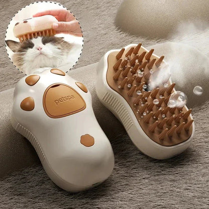 Steam grooming brush for cats and dogs with soft bristles and ergonomic petspa design