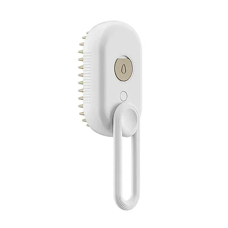 White steam grooming brush for cats and dogs with soft bristles and ergonomic handle