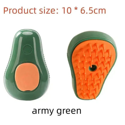 Army green steam grooming brush for cats and dogs with orange bristles, 10x6.5cm size.