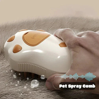 Hand using steam grooming brush on pet fur, labeled pet spray comb, for cats and dogs