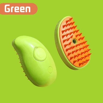 Green steam grooming brush with orange bristles for cats and dogs on a green background