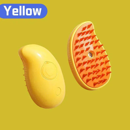 Yellow steam grooming brush for cats and dogs with silicone bristles, isolated on yellow background.