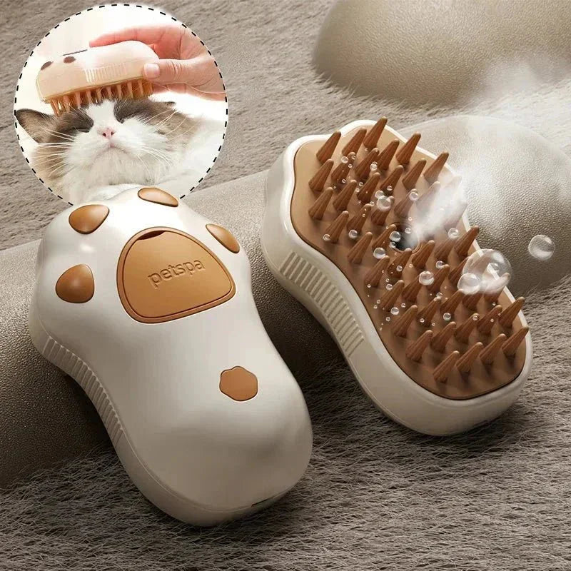 Steam grooming brush for cats and dogs with soft bristles and ergonomic design