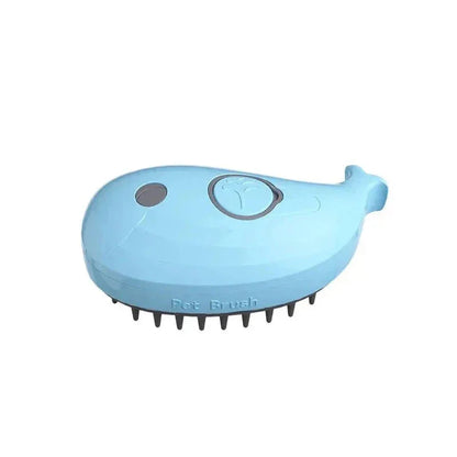 Blue steam grooming brush shaped like a whale for cats and dogs on white background