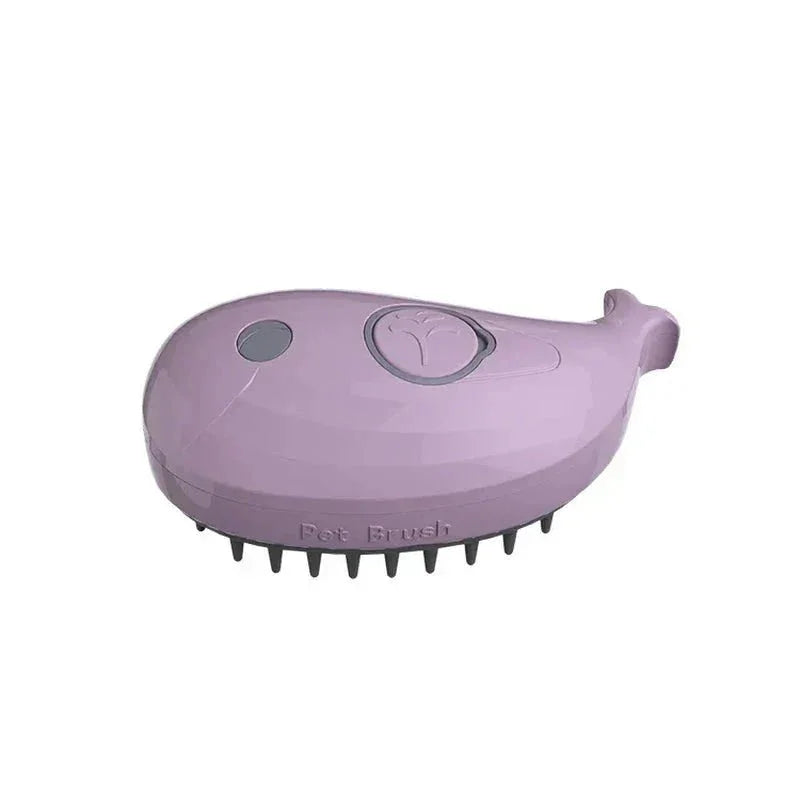 Purple steam grooming brush for cats and dogs with soft bristles on white background
