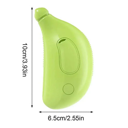 Green steam grooming brush for cats and dogs with 10cm by 6.5cm size shown