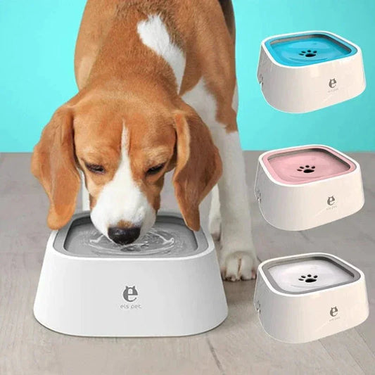 Beagle drinking from anti-splash dog water bowl, three color options, on wood floor.