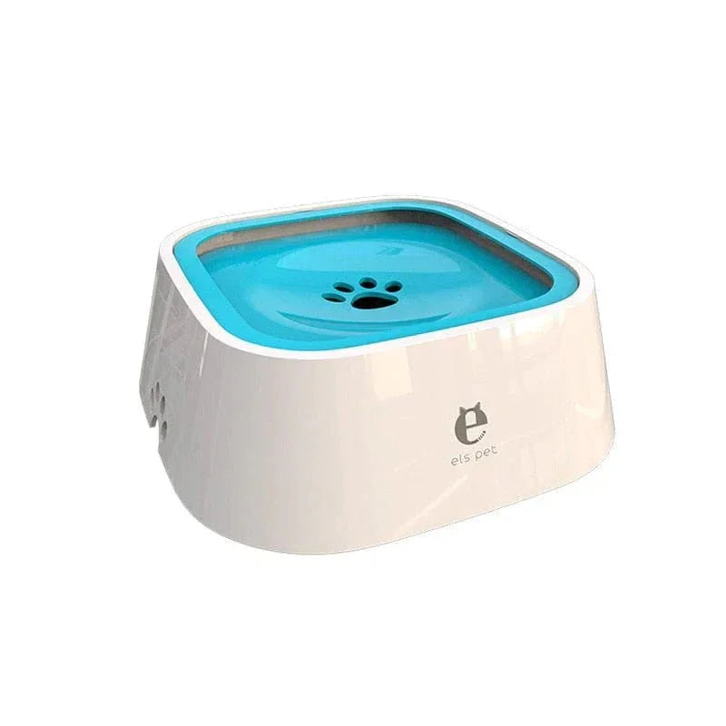 Splash-proof dog water bowl with blue lid and paw cutout on white background