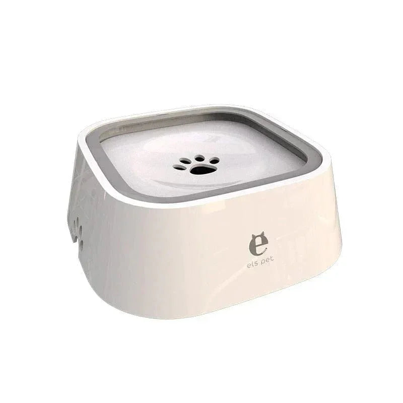 Non-spill dog water bowl with paw print lid, white, modern pet feeder design