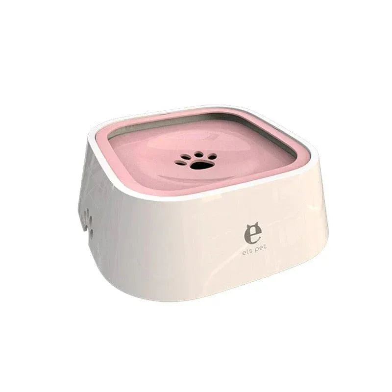Splash-proof pink and white dog water bowl with paw print lid, els pet logo