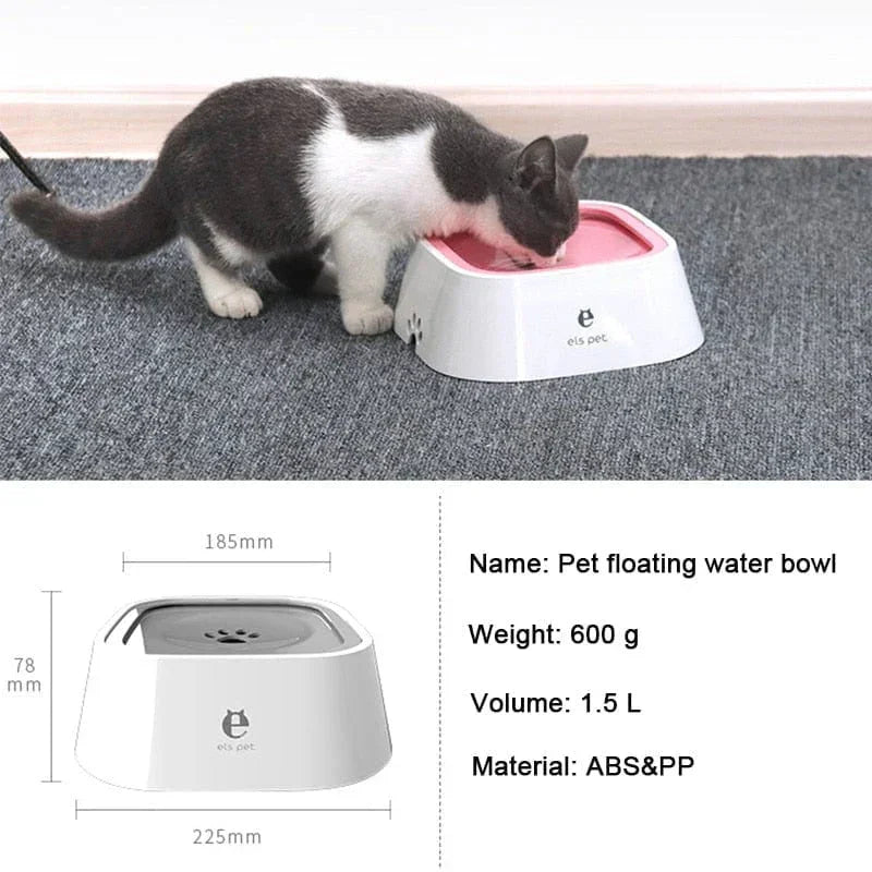 Cat drinking from white pet floating water bowl with dimensions and product specs shown