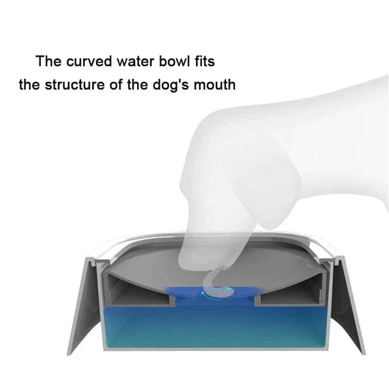Diagram of a curved dog water bowl designed to fit the shape of a dog's mouth