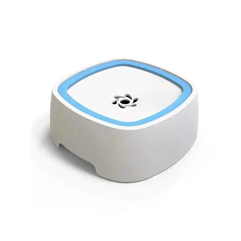 Non-spill dog water bowl with blue rim and splash-proof design on white background